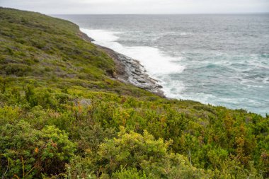 Tazmanya çöllerinde dağ altındaki çalılıklarda yürüyüş yapan bir kadın ve vahşi doğada sırt çantasıyla kamp yapan bir kadın.