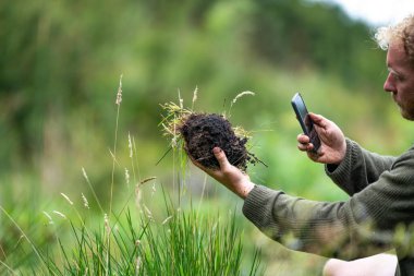 farmer collecting soil samples in a test tube in a field. Agronomist checking soil carbon and plant health clipart