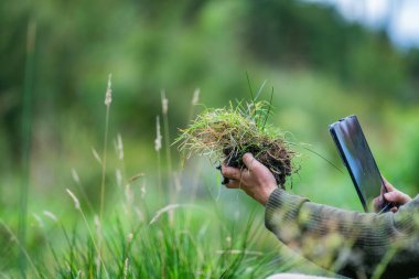 Zirai tarım yapan bir çiftlikte toprak tutarak ev laboratuarında toprak testleri yapıyor. Toprak hayatına bakıyorum. 