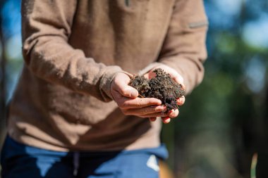 Çiftlikte tarımcılık yapan bir tarımcı. Toprak işleme uzmanı. Ev laboratuarında toprak testi yapıyor. Toprak hayatına, sağlığa ve parmaklardaki gübreye bakıyorum.