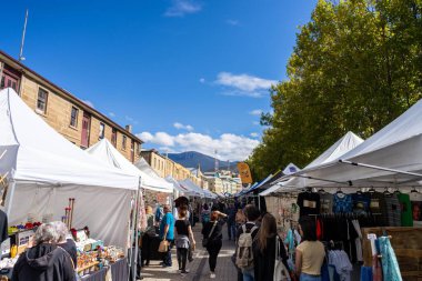 Avustralya 'da bir parkta hafta sonu pazarı. Hobart 'ta sebze ve meyve satan çiftçiler.
