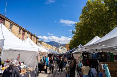 Avustralya 'da bir parkta hafta sonu pazarı. Hobart 'ta sebze ve meyve satan çiftçiler.