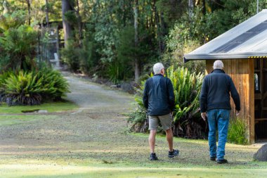 Tazmanya çöllerinde dağ eteğinin altındaki çalılıklarda ve vahşi doğada sırt çantasıyla kamp yaparken. 