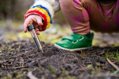 Çocuk tarlada toprak testi için toprak örneği alıyor. Aile çiftliği karbon ve bitki sağlığını test ediyor