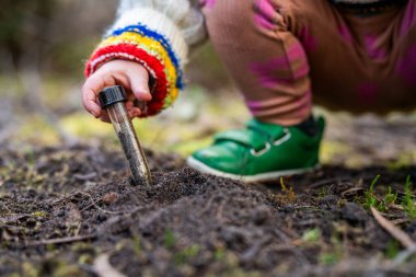 Çocuk tarlada toprak testi için toprak örneği alıyor. Aile çiftliği karbon ve bitki sağlığını test ediyor