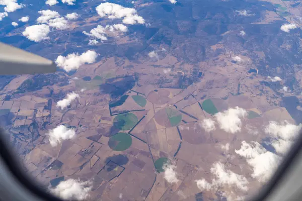 stock image Agricultural pivot on a regenerative agriculture farm. Sustainable agriculture in Australia. Round pivot. Circular cropping. from a plane looking down in spring