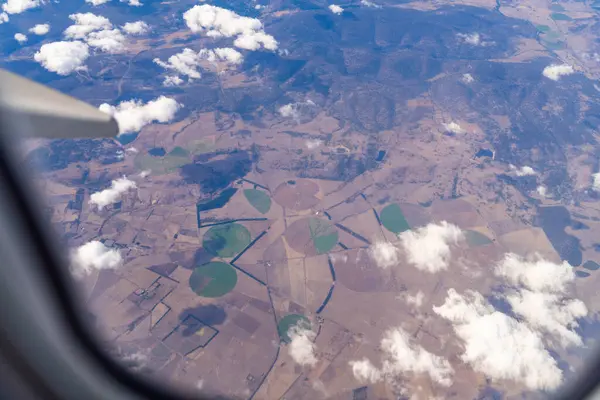 stock image Agricultural pivot on a regenerative agriculture farm. Sustainable agriculture in Australia. Round pivot. Circular cropping. from a plane looking down