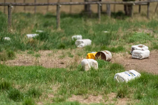 stock image farm herbicide and chemical containers disposal, farm waste and pollution industrial agricultural