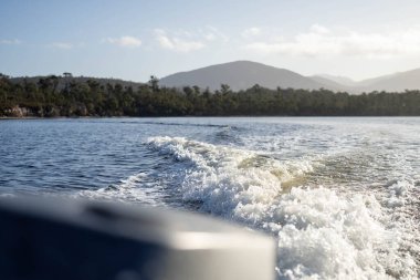 Denizdeki teneke sandal Avustralya 'daki bir milli parktaki nehirde dalgalanan bir teknenin arkasında uyanacak. Yazın kumsal, çölde hızla batan karanlık.