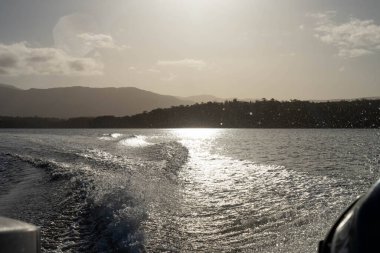 tinny dinghy boat on the water making a wake behind a boat making waves on a river in a national park in australia. beach in summer, dingy going fast in the wilderness clipart