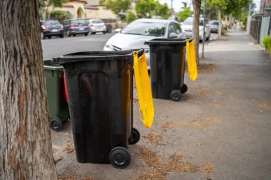 İlkbaharda Avustralya 'nın banliyölerinde çöp tenekesi.
