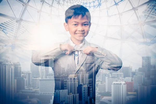 Double Exposure Image Boy Wearing Suit Overlay Urban Cityscape Backdrop 스톡 이미지