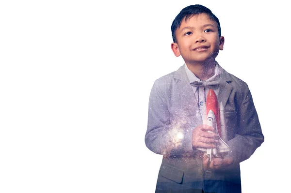 Изображение Двойной Экспозиции Мальчика Играющего Миниатюрную Космическую Ракету Накладывающееся Изображение Стоковое Фото