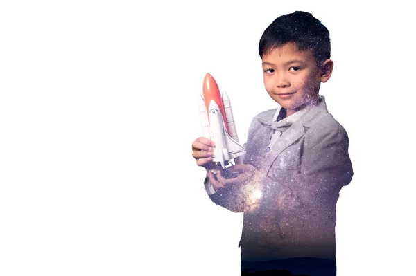 Double Exposure Image Boy Playing Miniture Space Rocket Overlay Milky ロイヤリティフリーのストック画像
