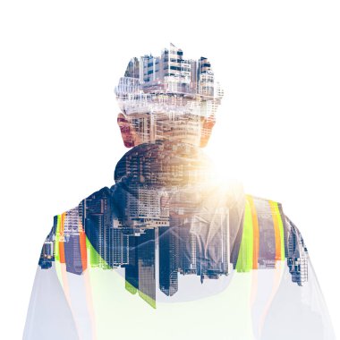 Mühendis düşüncesinin çifte pozlama görüntüsü şehir manzarası ile fotokopi alanı ile örtüşüyor. Mühendislik, inşaat, fütüristik ve sanayi kavramı.