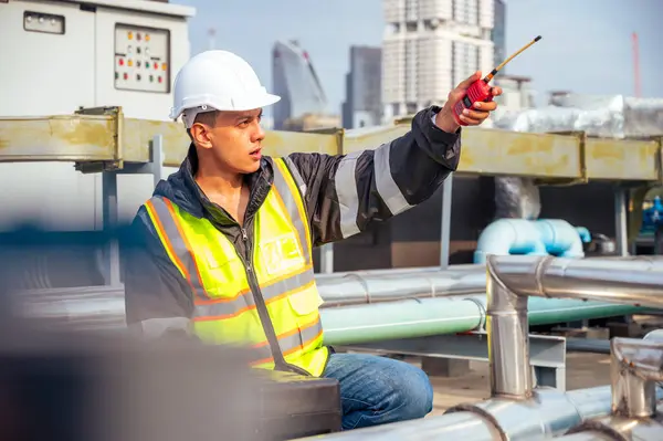 Image Captures Skilled Engineer Inspecting Network Pipelines Petrochemical Facility Concept Stock Image