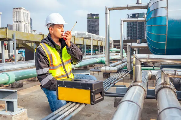 Image Captures Skilled Engineer Inspecting Network Pipelines Petrochemical Facility Concept Stock Photo