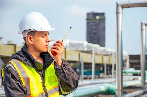 Image Captures Skilled Engineer Inspecting Network Pipelines Petrochemical Facility Concept Stock Picture
