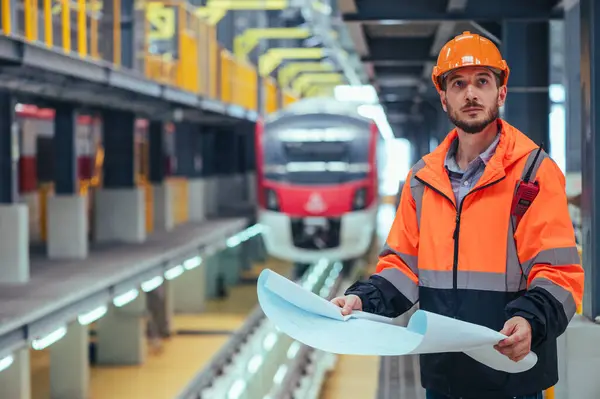 Ingenjören Fångas Den Dynamiska Miljön Ett Tåg Och Järnvägsgarage Nedsänkt Royaltyfria Stockbilder
