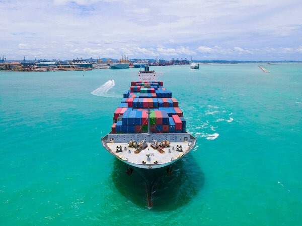 Aerial Perspective Cargo Ship Being Loaded Unloaded Bustling Seaport Sailing Stock Image