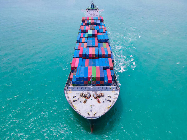 Aerial Perspective Cargo Ship Being Loaded Unloaded Bustling Seaport Sailing Stock Image