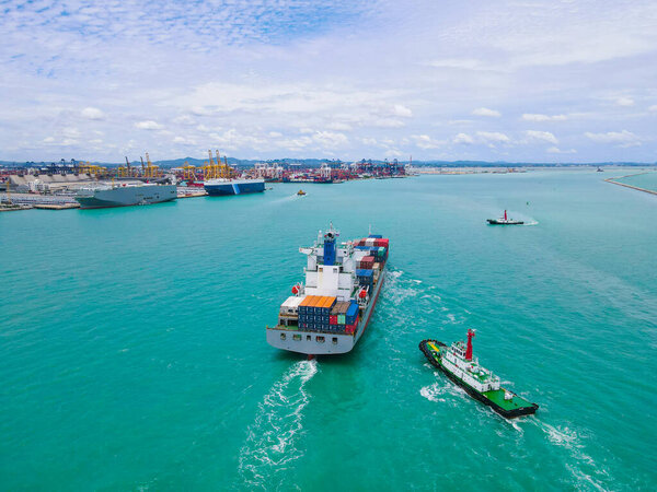 Aerial Perspective Cargo Ship Being Loaded Unloaded Bustling Seaport Sailing Royalty Free Stock Photos