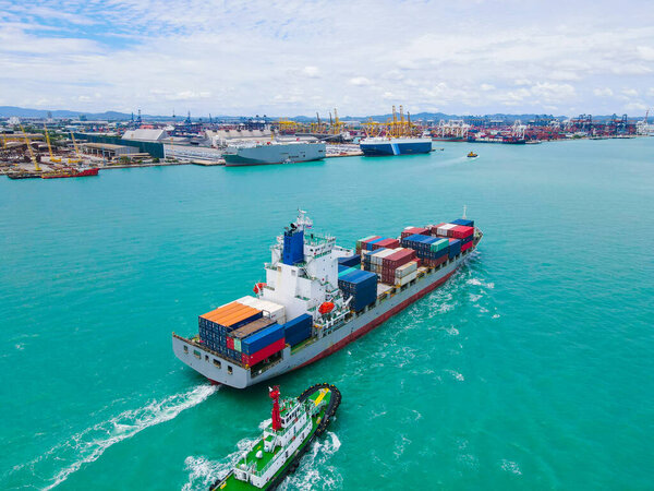 Aerial Perspective Cargo Ship Being Loaded Unloaded Bustling Seaport Sailing Stock Picture