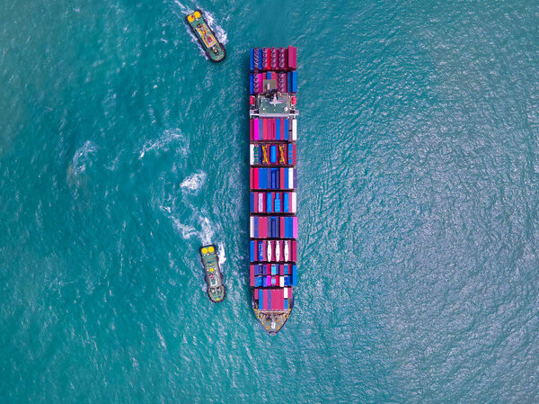 Aerial Perspective Cargo Ship Being Loaded Unloaded Bustling Seaport Sailing Stock Photo