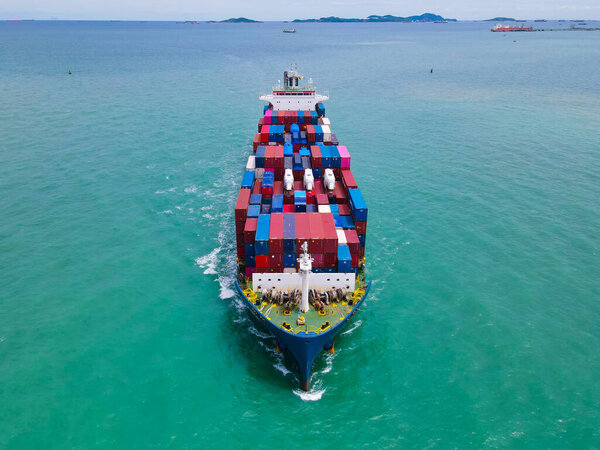 Aerial Perspective Cargo Ship Being Loaded Unloaded Bustling Seaport Sailing Royalty Free Stock Photos