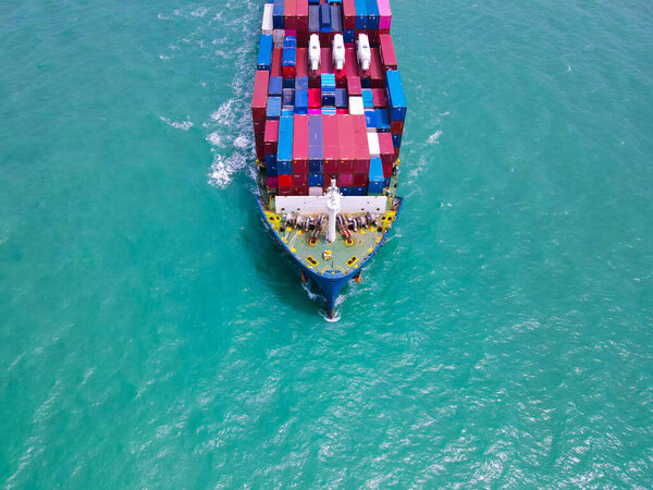 Aerial Perspective Cargo Ship Being Loaded Unloaded Bustling Seaport Sailing Stock Photo