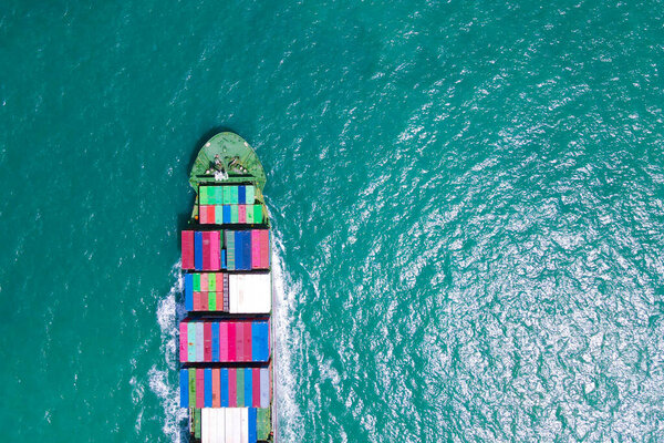Aerial Perspective Cargo Ship Being Loaded Unloaded Bustling Seaport Sailing Stock Picture