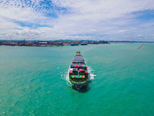 Aerial Perspective Cargo Ship Being Loaded Unloaded Bustling Seaport Sailing Stock Picture