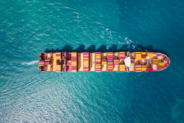 Aerial Perspective Cargo Ship Being Loaded Unloaded Bustling Seaport Sailing Stock Image