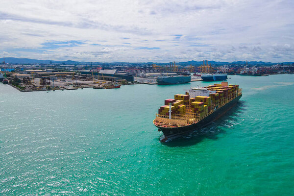 Aerial Perspective Cargo Ship Being Loaded Unloaded Bustling Seaport Sailing Stock Photo