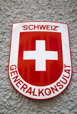 Vaduz, Liechtenstein - November 18, 2022: Emblem of the Consulate General of Switzerland in the Principality of Liechtenstein