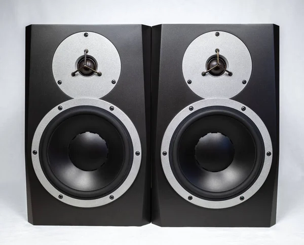 Twee Zwarte Audio Luidsprekers Geïsoleerd Witte Achtergrond Muziekapparatuur — Stockfoto