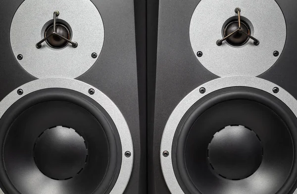 Two Black Audio Speakers Studio Monitors Musical Equipment — Foto Stock