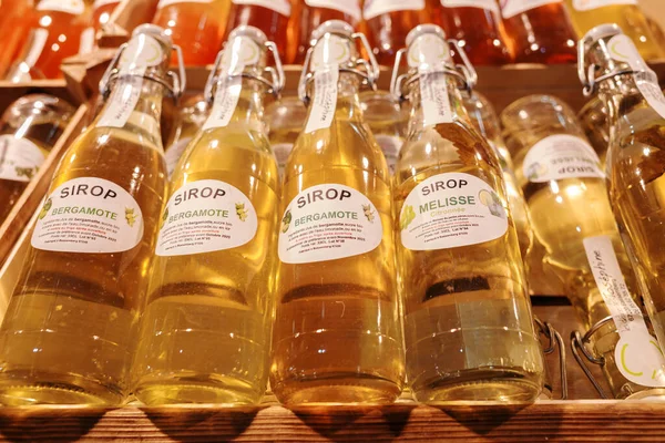 Colmar France December 2022 Bottles Syrups Made Various Herbs Christmas — Stock Photo, Image