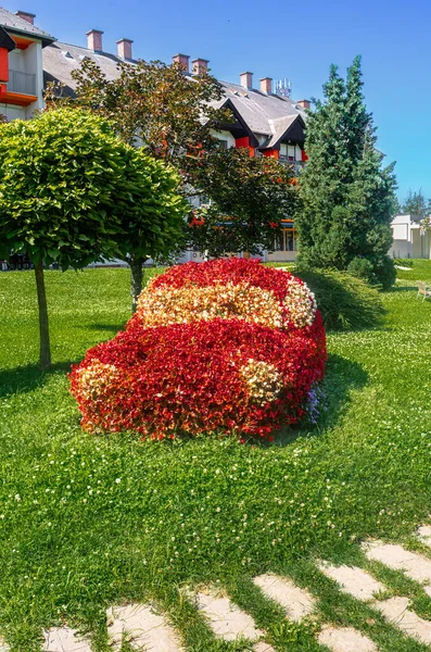 Odkryty Kwiat Samochodu Lenti Węgry Rzeźba Samochodu Czerwonych Kwiatów — Zdjęcie stockowe