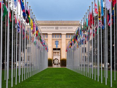 Cenevre, İsviçre - 3 Kasım 2023: Birleşmiş Milletler Ofisi Cenevre veya UNOG İsviçre 'nin Cenevre kentindeki Palais des Nations binasında yer almaktadır.
