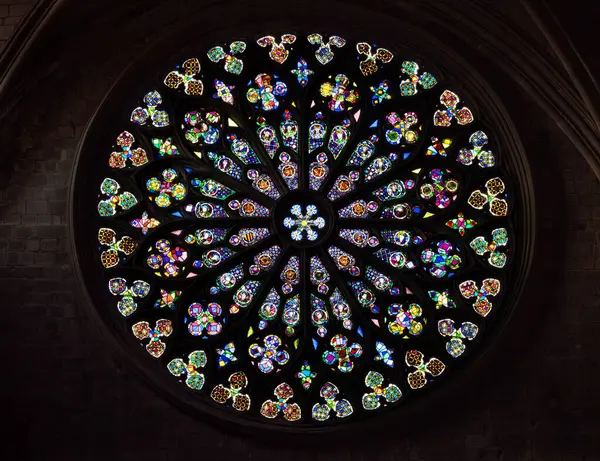 Barcelona, Spain - October 7, 2023: Colored rosette window in the basilica of Santa Maria del Pi in Barcelona