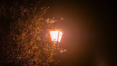 Yol kenarı lambası sisli gecede sıcak bir parıltı verir.