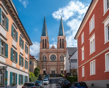 Bregenz, Avusturya - 15 Mart 2024: Avusturya 'nın Vorarlberg bölgesinin başkenti İsa' nın Kutsal Kalbi Kilisesi.