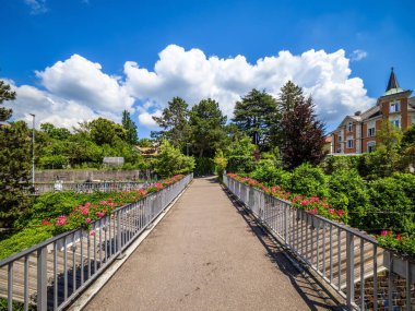 Herrliberg-Feldmeilen 'deki manzaralı yaya köprüsü, Zürih kantonu, canlı mavi gökyüzünün altında çiçekler..