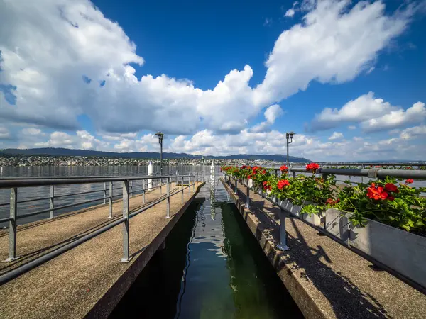 stock image Serene lakeside pier in Kusnacht with vibrant flora under blue skies, cloudscape.