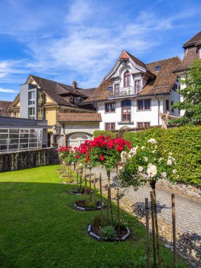 Schwyz, İsviçre - 18 Haziran 2024: Açık mavi gökyüzü altında çiçek açan bahçeleri ve antika binaları olan Schwyz kasabasında Avrupa tarzı büyüleyici bir tarihi yerleşim alanı