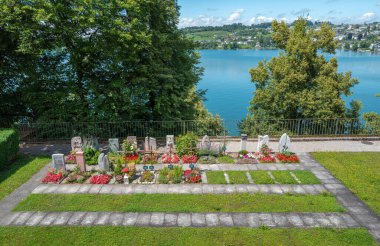 Rapperswil, İsviçre - 1 Temmuz 2024 Rapperswil ve yemyeşil manzaralı sakin göl mezarlığı