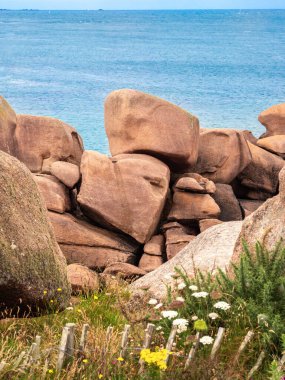 Pembe granit taşların kayalık oluşumlarını içeren manzaralı bir kıyı manzarası. Ploumanach, Brittany, Pembe granit sahili