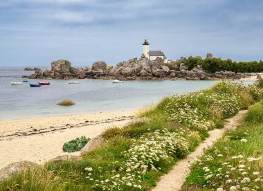 Coastal scene, sandy beach with wildflowers in the foreground, leading to a rocky shoreline. In the background, a lighthouse of Pontusval stands on a rocky outcrop. Many small boats. clipart