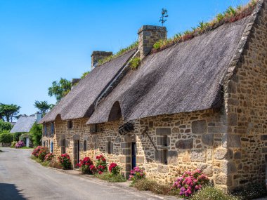 Geleneksel Kercanic köyünde Thatched Roof 'lu Breton Stone Kulübeleri